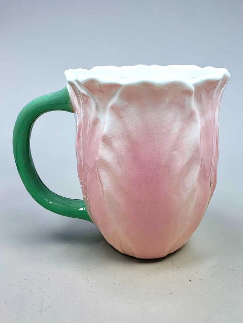 Sur La Table Pink Tulip Stoneware Figural Coffee Tea Mug Green Handle